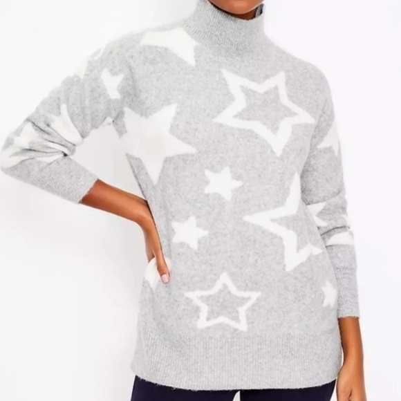 Lou & Grey Starstruck Stars Mock Neck Light Grey Soft Cozy Winter Knit Sweater - Picture 1 of 14